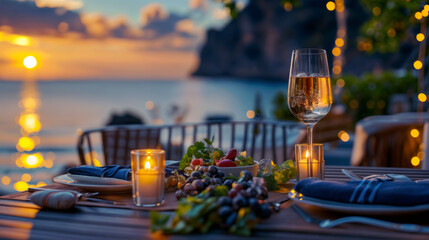 Wall Mural - Elegant dinner table setting on a idyllic beach. Romantic sunset dinner with sea view in luxury hotel. Summer vacation concept.