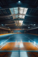 Poster - A basketball court without balls or players, located in a large building