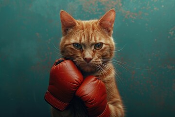 Poster - A domestic cat wearing a pair of boxing gloves, perfect for pet photography or animal-related content