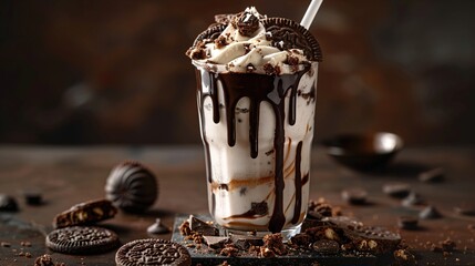 A rich and indulgent cookies and cream shake in a frosty glass, topped with crumbled cookies and a chocolate drizzle, set against a dark cookie brown background, promising dessert-like satisfaction.