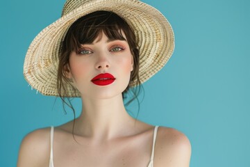 Wall Mural - A close-up of a woman wearing a straw hat and bold red lipstick, suitable for editorial or advertising use