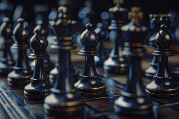 Poster - A group of chess pieces sitting on a wooden chess board, waiting for the game to begin