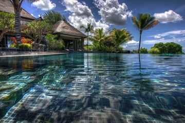 Poster - A swimming pool surrounded by palm trees under a traditional thatched roof