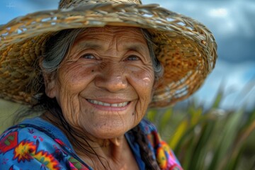 Wall Mural - A cheerful woman posing with her straw hat on, perfect for casual or vintage-themed uses