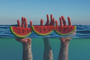 Poster - Fresh watermelon slices suspended in mid-air, perfect for a summer gathering or fruit display