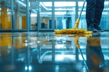 Wall Mural - A person using a mop to clean the floor, suitable for use in images related to housekeeping or maintenance