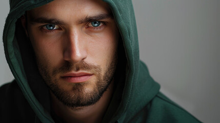 a man with a beard and blue eyes is wearing a green hoodie