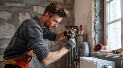 Wall Mural - A person fixing a leaky radiator in a room with tools and parts scattered around