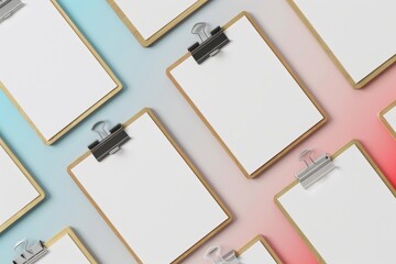 Poster - A group of clipboards and a pair of scissors on a pink and blue background, great for office or school use