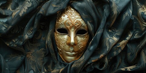Poster - A gold mask emerges from blue fabric, ideal for fashion or design concepts