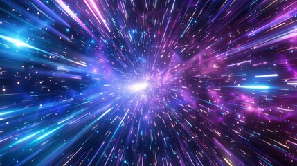 Wall Mural - vibrant blue and purple light speed hyperspace background with glowing lines, starburst effects, and