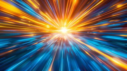 Wall Mural - blue and yellow light streaks converge into a bright center in a sci-fi warp speed effect.