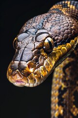 Poster - A close-up image of a snake's head on a black background