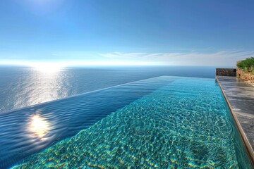 Poster - A clear blue swimming pool with a stunning view of the ocean and surrounding landscape