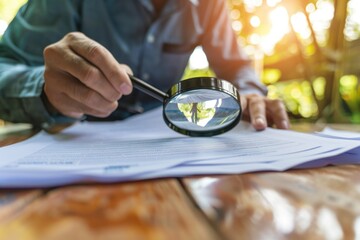 Poster - A close-up shot of a person holding a magnifying glass over a piece of paper, focusing on the details