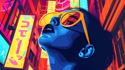 Wall Mural - A woman wearing sunglasses is looking up at a neon sign