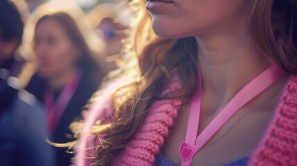 Wall Mural - A woman wearing a pink sweater and a pink necklace with a heart on it