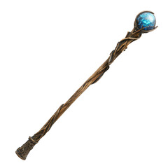 Enchanted wooden staff with a glowing blue crystal, perfect for fantasy themes, magic, and mystical artwork, isolated on a white background.