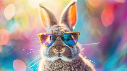 Aufkleber - A cute rabbit with trendy sunglasses posing against a bright and cheerful background