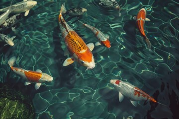 Sticker - A group of colorful koi fish swimming together in a serene pond environment