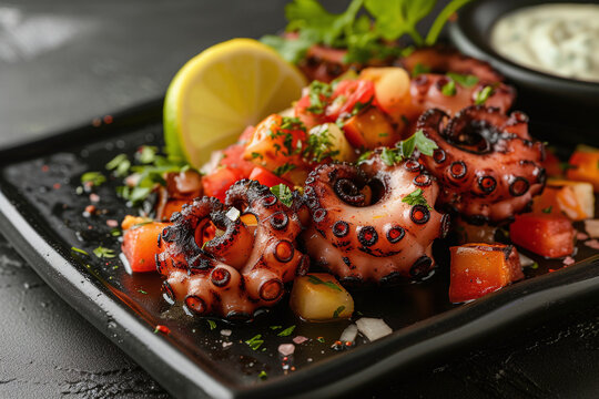 Grilled octopus on black plate serverd with lemon. Seafood.	