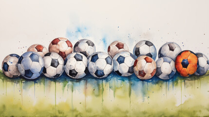 Colorful soccer balls in watercolor art style. Wall art wallpaper