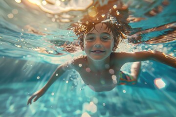 Sticker - A young boy swims underwater in a pool, great for illustrations of childhood and recreation