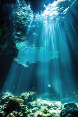 Poster - A sunbeam illuminates an underwater cave, highlighting the beauty of nature