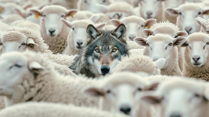 A wolf hiding among a flock of sheep. Deceptive wolf in sheep`s clothing.	
