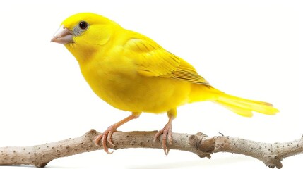 Wall Mural - adorable yellow canary bird perched on branch pet portrait with soft shadows isolated on white