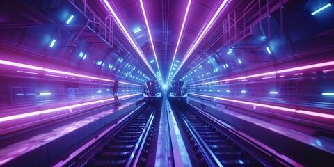 Sticker - Futuristic neon-lit subway tunnel with vibrant pink and blue lights. Modern transportation concept with a sci-fi aesthetic. Urban exploration.