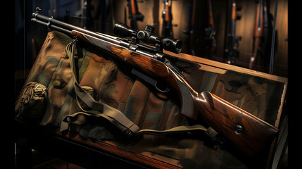 A high-quality image of a hunting rifle with a wooden stock and scope, displayed on a camouflage cloth with other rifles in the background.