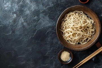 Wall Mural - Bowl with plain soba noodles on dark black stone background from above, noodles for cooking Chinese Thai or Japanese dish with soy sauce