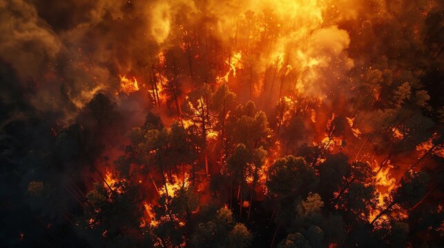 Aerial view of a forest fire burning intensely.