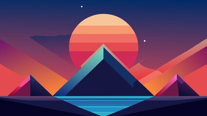 Wall Mural - Vibrant Digital Art of Surreal Mountain Landscape at Sunset