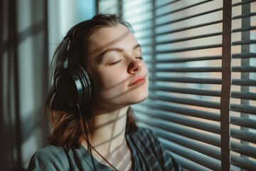 Canvas Print - Calm woman relaxing in the office with listening music.