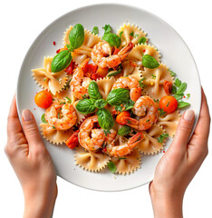 Two hands holding a dish containing farfalle pasta with shrimps, tomatoes and basil, isolated on a white background