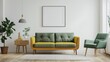 © RIZAL - Frame mockup minimal interior living room has green sofa and yellow armchair, Generative AI.