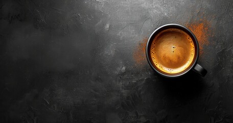 Poster - Top View of a Cup of Latte Art Coffee on Black Background With Coffee Beans