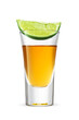 © Kuzmick - Golden tequila shot with green lime wedge on isolated. Transparent PNG image.