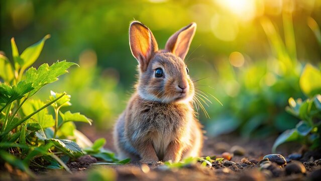 A cute baby rabbit with fluffy fur sitting in a farm field surrounded by nature, rabbit, animal, Easter, pet, white, mammal, fur, cute, domestic, wild, young, isolated, farm, grass, tamed