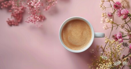 Poster - Overhead View of a Cup of Coffee With Foam on a Pink Background