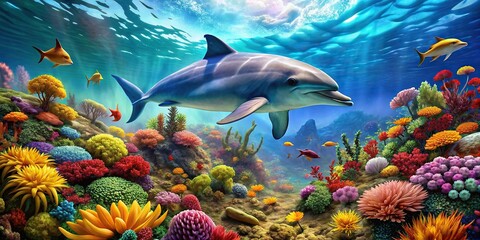 Underwater photo of a majestic dolphin swimming peacefully among colorful tropical fish and vibrant coral reefs, fish, shark, ocean, sea, H2O, blue, dolphin, aquarium, reef, marine, diving