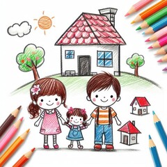 child drawing of a house and a family Isolated on white background