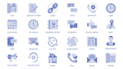 Leinwandbilder - Contact us web icons set in duotone flat design. Pack pictograms with fax, contract form, links, chat, support, calendar, address book, comment, social media, call, sms, other. Vector illustration.