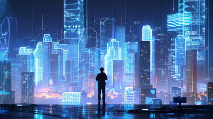 Wall Mural - A man stands in front of a cityscape with tall buildings and a blue sky