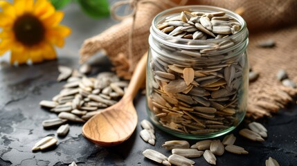 Sunflower seeds in a glass jar, nutritious plant fats, wooden spoon beside, healthy snack option, rustic table, copy space