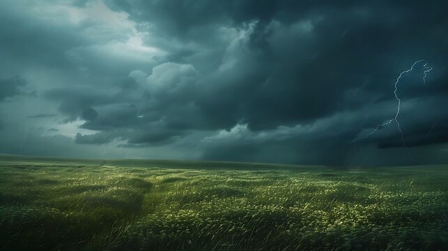 Dramatic thunderstorm rolling over a vast open field, with lightning illuminating the dark clouds. 8k, realistic, full ultra HD, high resolution and cinematic photography
