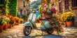 © sompong - Vintage scooter adorned with colorful flowers parked in a scenic location, vintage scooter, flowers, retro, old-fashioned, transportation, travel, nature, bloom, garden, spring