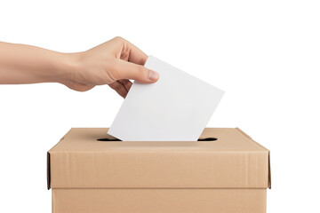 Ballot box with hand holding a ballot paper voting isolated on transparent background